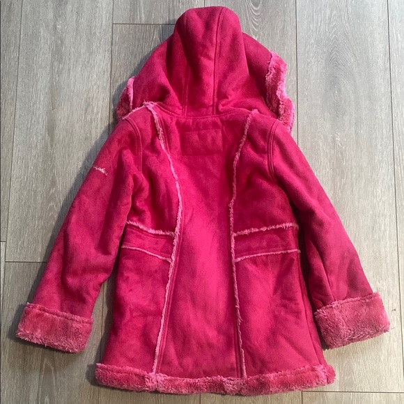 Girls Y2K Kids Pink Hooded Jacket Sz 5 Vegan Suede Leather Warm Winter Long Coat - Picture 7 of 7